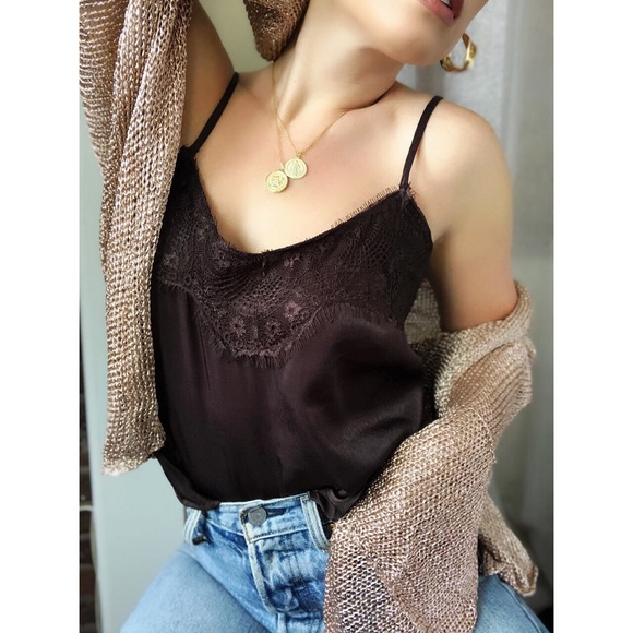 Tops - 🆕Coralee Chocolate Brown Satin & Lace Cami Top